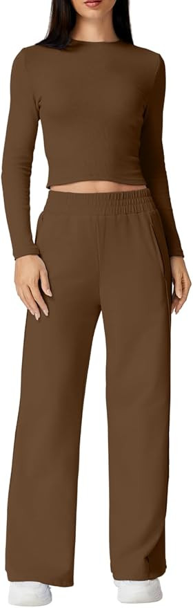 QINSEN Womens 2 Piece Sets Long Sleeve Slim Fit Crop Tops Wide Leg Pants Matching Lounge Set | Amazon (US)