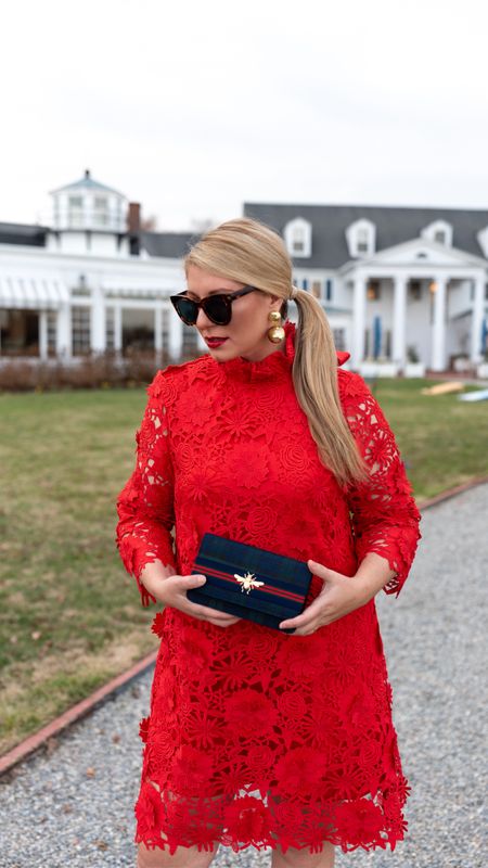 Holiday outfit idea: red dress great for parties. Plaid clutch in Blackwatch 

#LTKmidsize #LTKHoliday #LTKover40