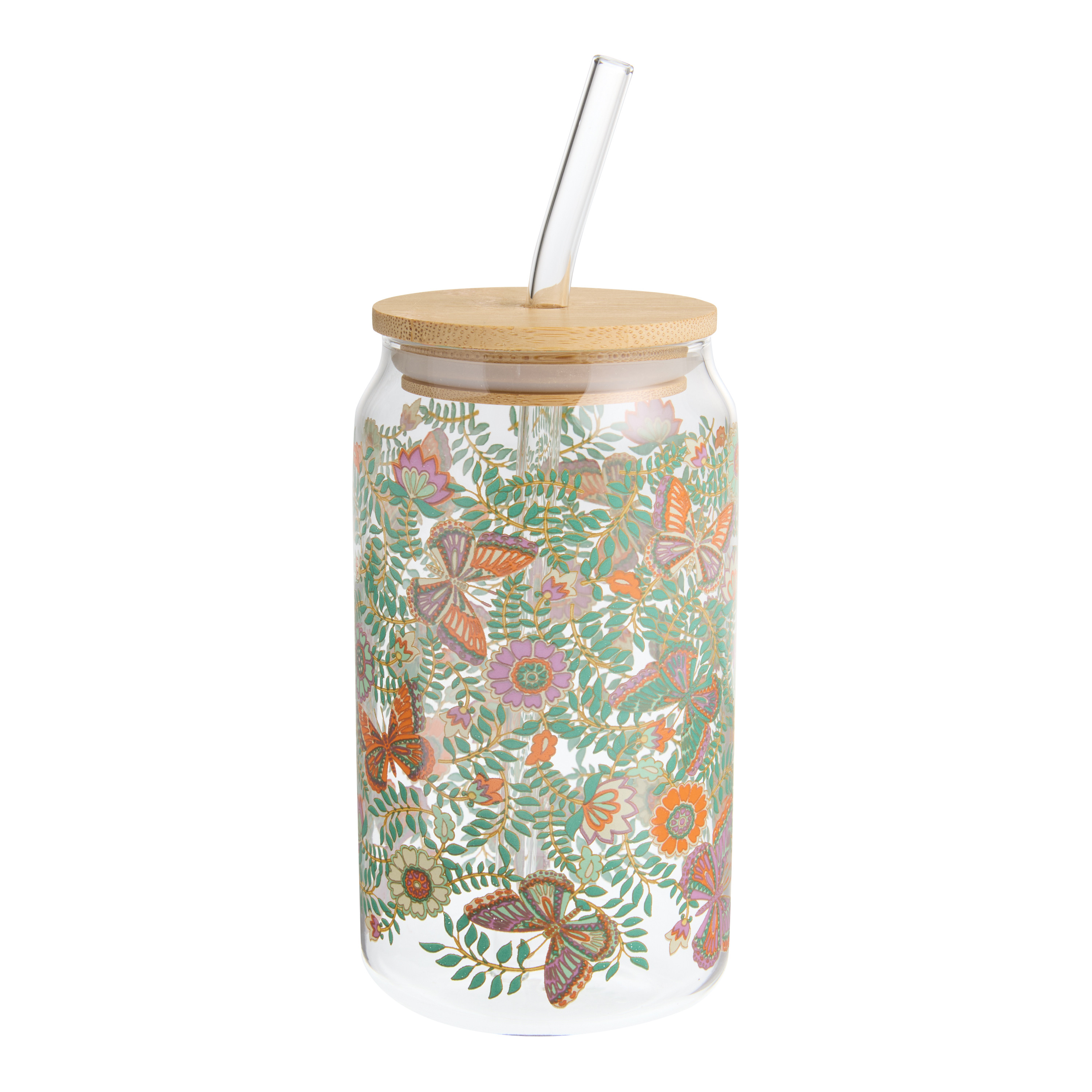 Glass Butterfly and Botanical To Go Tumbler with Straw | World Market