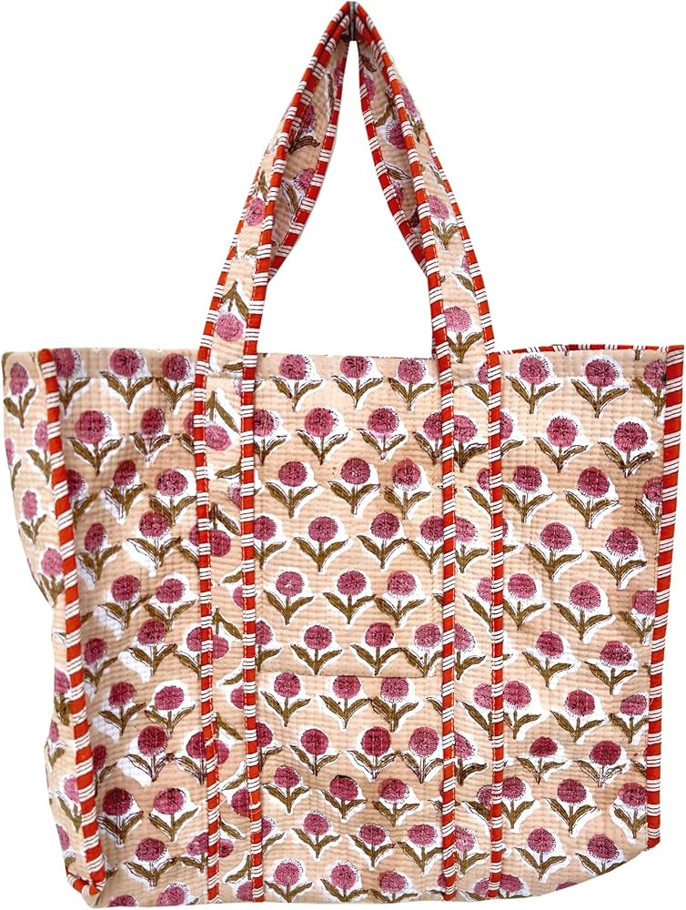 Quilted Cotton Handprinted Reversible Large multicolor Floral Tote Bag,Hand Block Print Shopping ... | Amazon (US)