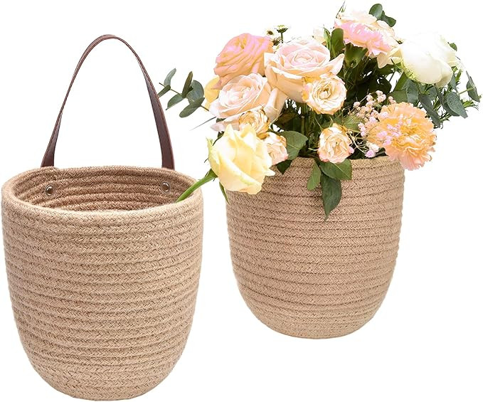 JS HOME 2 Pack Jute Hanging Baskets with Leather Handle, Decorative Woven Basket for Plants and F... | Amazon (US)