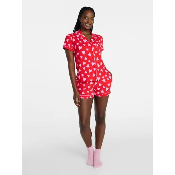 Joyspun Women's Dreamy Soft Collection Notch Top and Shorts Valentine's Day Pajama Set, 2-Piece, ... | Walmart (US)