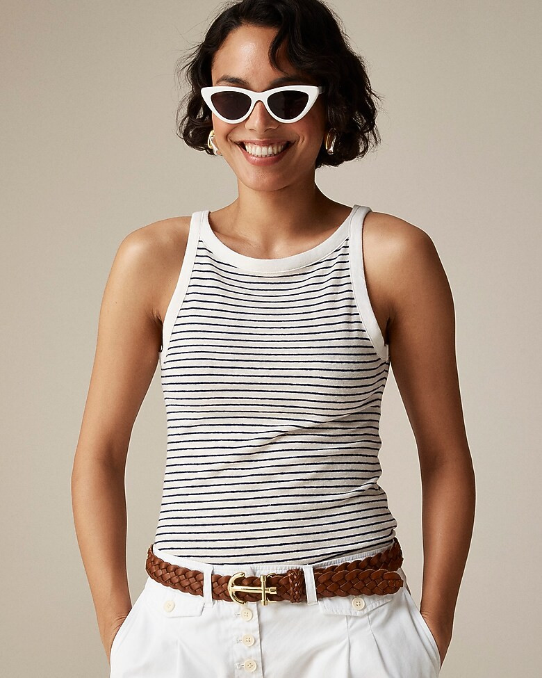 High-neck tank top in striped stretch linen blend | J. Crew US