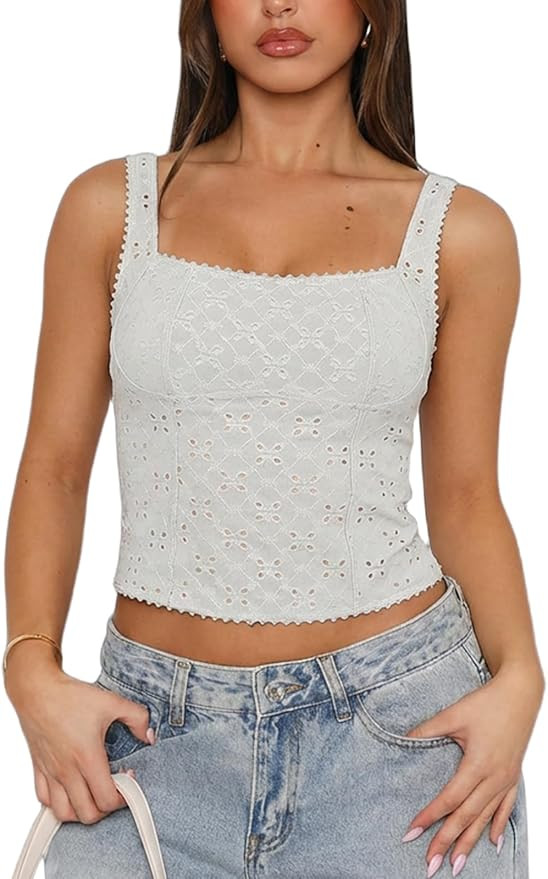 UNCOOYEE Women's Sexy Square Neck Eyelet Back Cutout Sleeveless Y2K Going Out Double Lined Croppe... | Amazon (US)