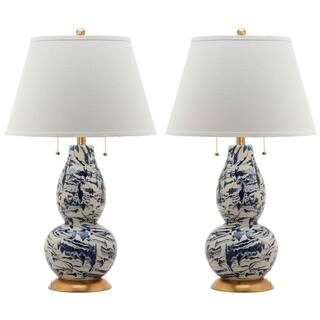 Color 28.5 in. Navy/White Swirl Glass Table Lamp with White Shade (Set of 2) | The Home Depot