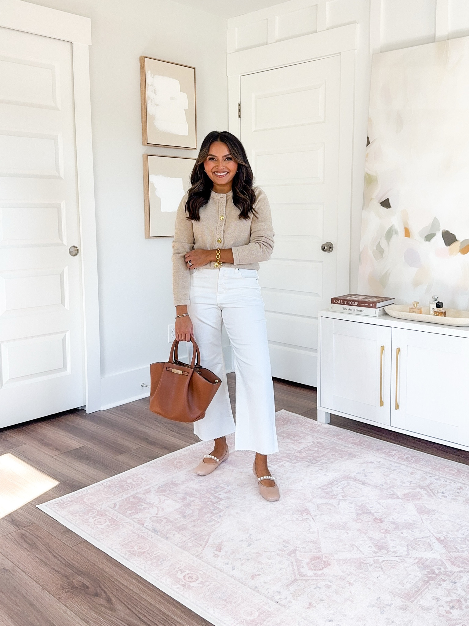 Tan cardigan size xs - sized up a size to button
White jeans size 26 petite TTS
Pearl flats size 5 TTS


#LTKSaleAlert #LTKStyleTip #LTKPetite