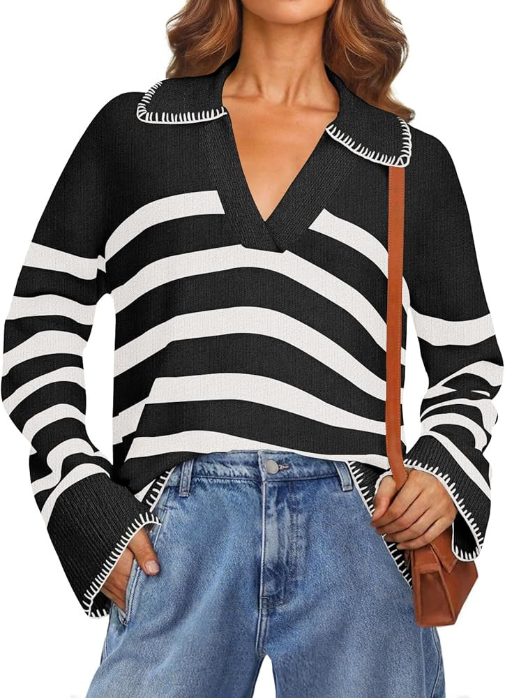 MEROKEETY Women's 2024 Fall Oversized Striped Sweater Collared V Neck Long Sleeve Trendy Knit Pul... | Amazon (US)