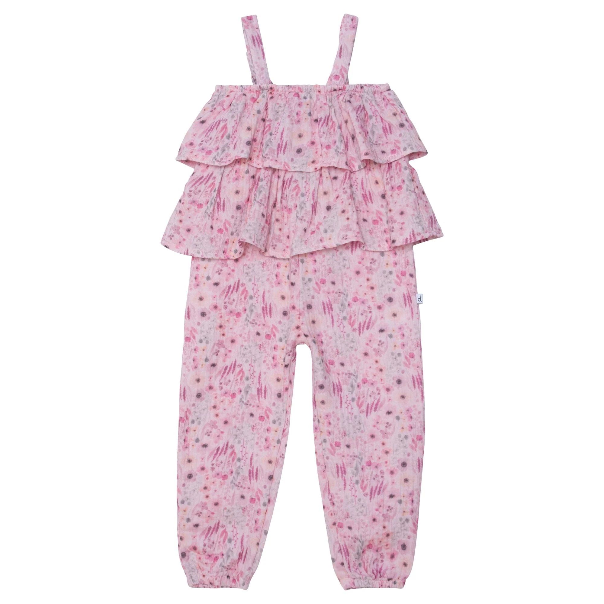 Printed Sleeveless Jumpsuit With Frill Pink Watercolor Flowers | Deux par Deux Childrens Designer Clothing