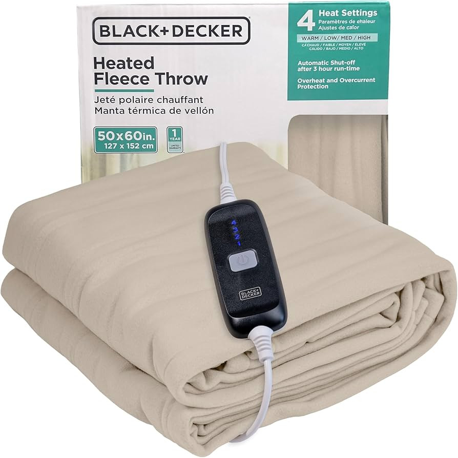 BLACK+DECKER Heated Blanket Electric Throw, Fleece Electric Blanket, Heating Blanket with 4 Heati... | Amazon (US)