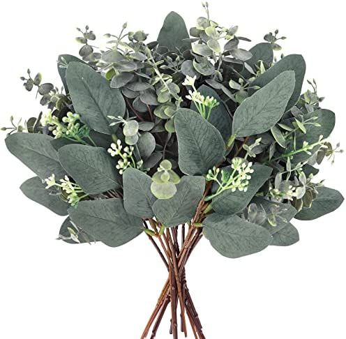 CEWOR 16pcs Mixed Eucalyptus Leaves Stems Faux Greenery Artificial Eucalyptus Leaves with White S... | Amazon (US)