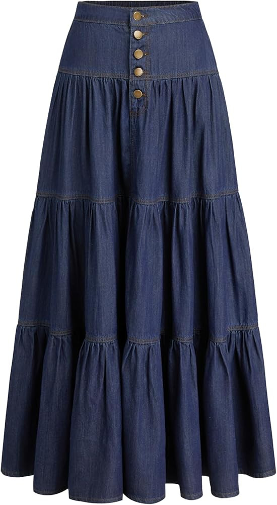 CIDER Women\u2019s Long Jean Denim Tiered Button Down High Waisted Maxi Skirts | Amazon (US)