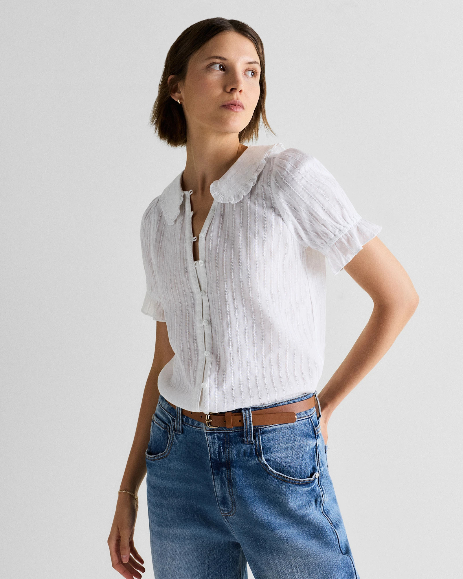 Embroidered Cotton Ruffle Collar Short Sleeve Blouse | Quince