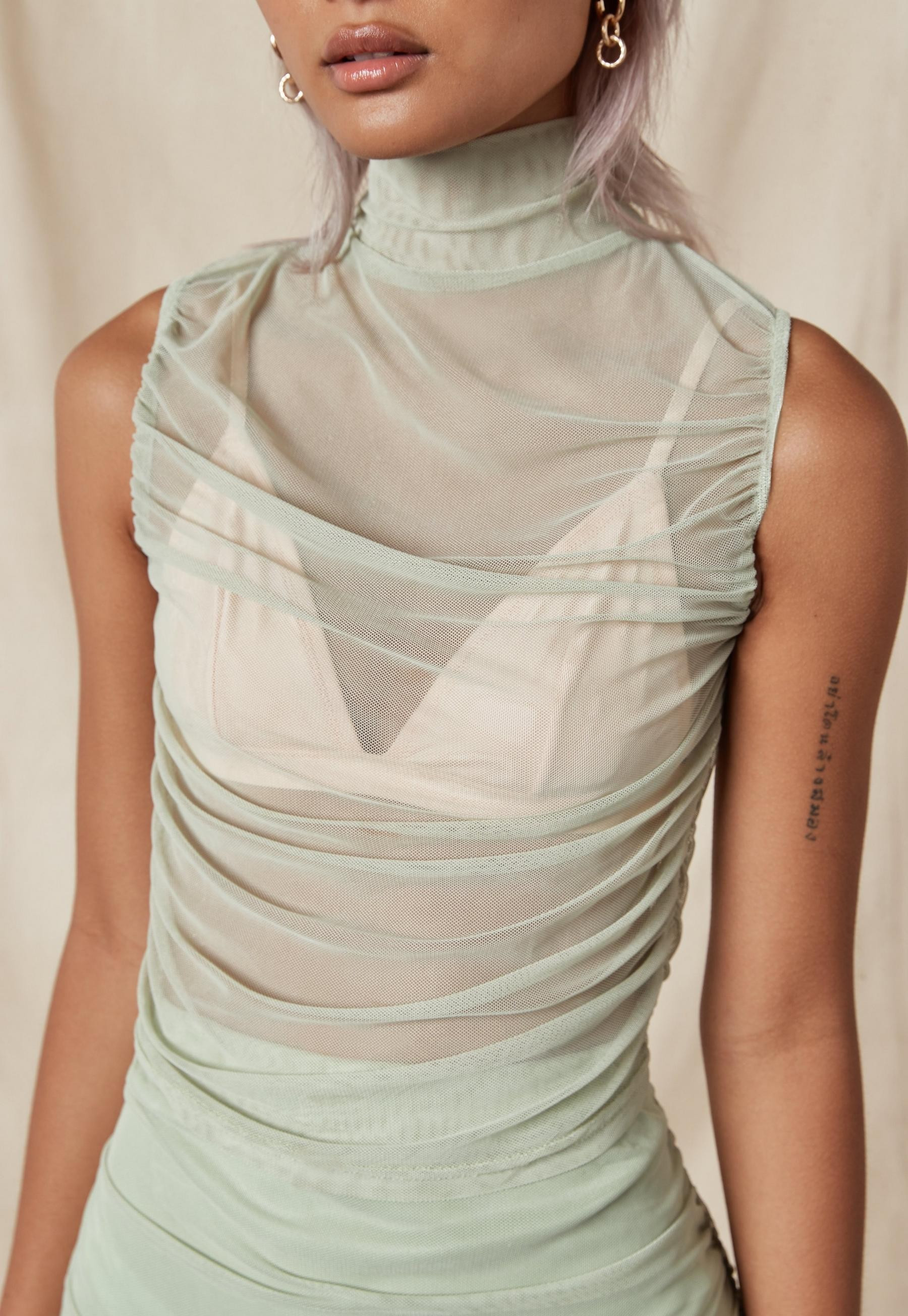 Missguided - Mint Mesh Ruched High Neck Top | Missguided (US & CA)