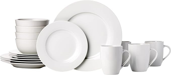 Amazon Basics 16-Piece Porcelain Kitchen Dinnerware Set with Plates, Bowls and Mugs, Service for ... | Amazon (US)
