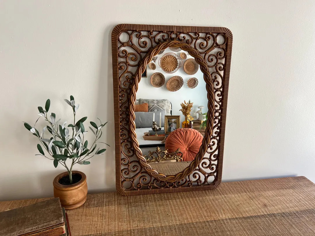 Vintage Faux Wood Rattan Syroco Mirror - Etsy | Etsy (US)