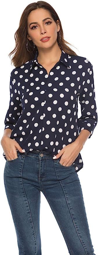 SHENGYI Women Polka Dot Blouses for Work Long Sleeve V Neck Casual Tunic Tops | Amazon (US)