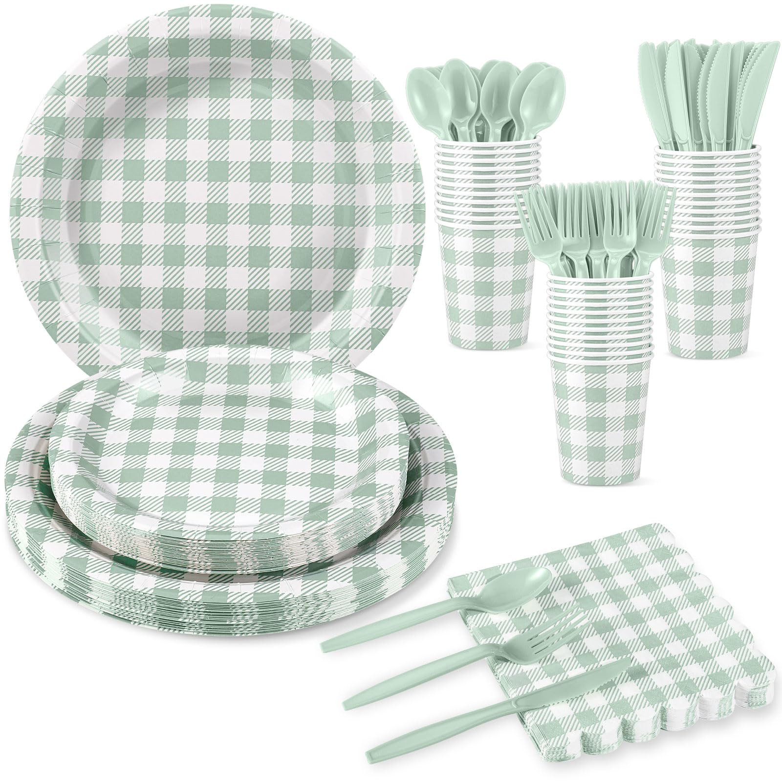 175 Pcs Gingham Party Supplies Include Sage Green Gingham Plates and Napkins Cups Plastic Cutlery... | Amazon (US)