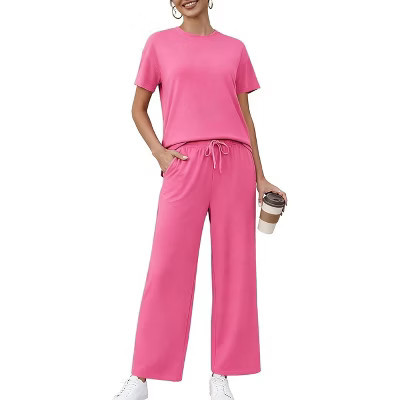 PINSPARK 2 Piece Sets for Women Soft Short Sleeve Matching Lounge Set Wide Leg Pants Tracksuit Travel Summer Outfits 2025 Rose Red S | Target