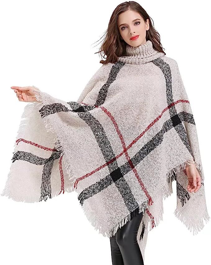 HITOP Womens Dress Ponchos, Boho Loose Tassel Plaid Poncho Turtleneck Jumper Knit Oversized Pullo... | Amazon (US)
