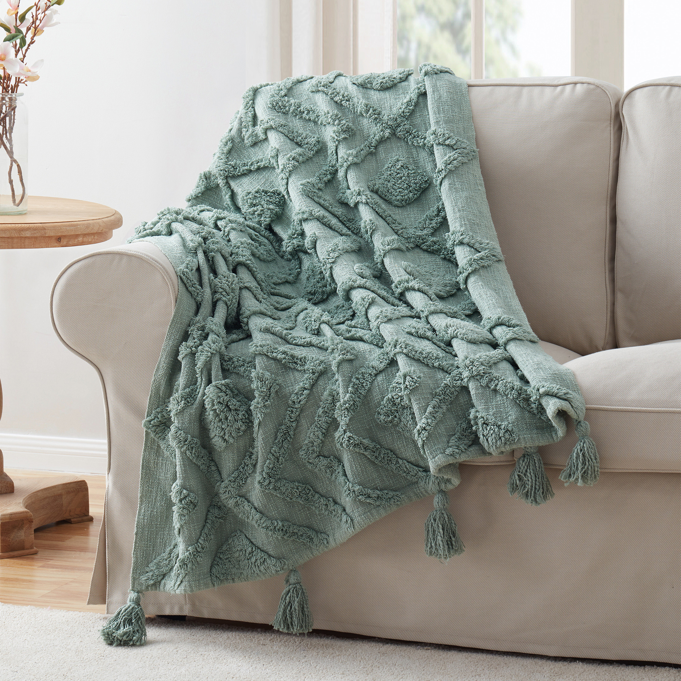 My Texas House Cameron Tufted Diamond Cotton Throw, Easy Wash, 50 x 60, Eucalyptus | Walmart (US)