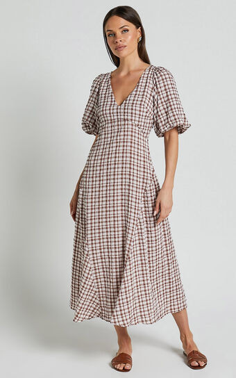 Jameela Midi Dress - V Neck Short Puff Sleeve Godet A Line Smock Dress in Chocolate Gingham | Showpo (US, UK & Europe)
