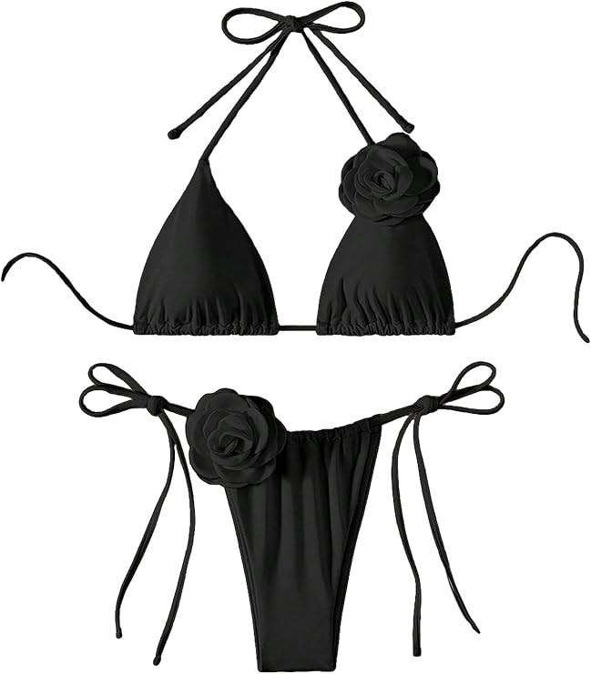 COZYEASE Women's 2 Piece Swimsuits 3D Floral Appliques Halter Tie Side Triangle Bikini Thong Bath... | Amazon (US)