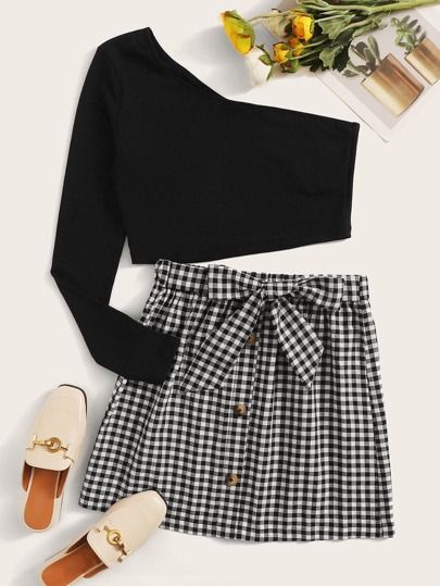 SHEIN One Shoulder Top and Tie Front Buffalo Plaid Skirt Set | SHEIN