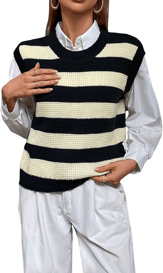 Romwe Women's Cable Knit Crop Sweater Vest Preppy Style Sleeveless V Neck Knitwear Tank Tops | Amazon (US)