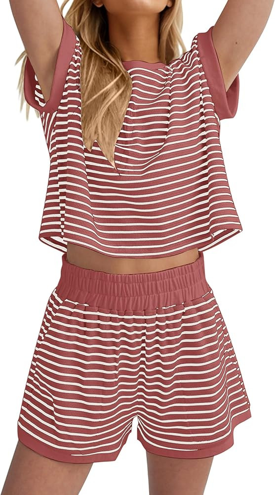 MISSACTIVER 2 Piece Lounge Set Women Stripe Knit Short Sleeve Tee Shirts Shorts Casual Summer Lou... | Amazon (US)