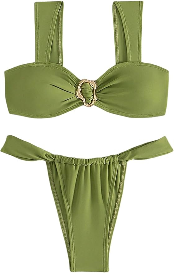 OYOANGLE Women's Two Piece Swimsuits Ring Linked Ruched Bikini Set High Cut Bathing Suits | Amazon (US)