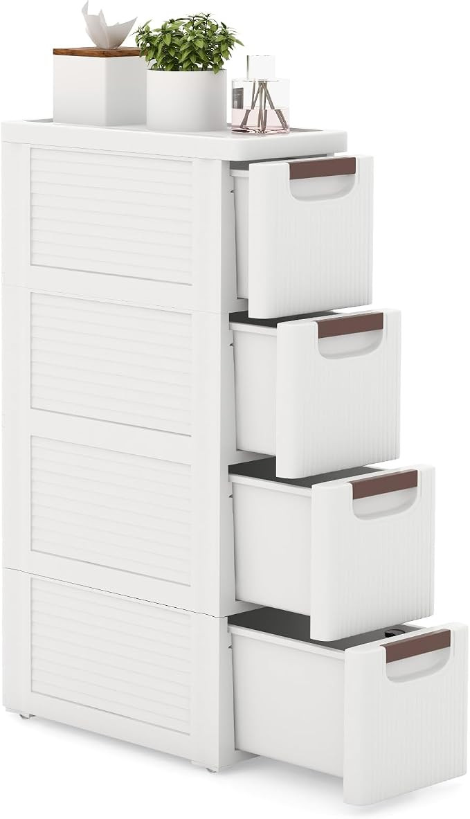 4-Drawer Narrow Storage Cabinet, Slim Rolling Cart, Mobile Plastic Cart Container with Pull Handl... | Amazon (US)