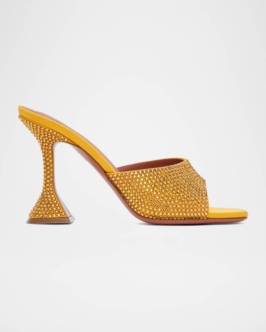 Amina Muaddi 95mm Lupita Crystal Satin Pedestal Mule Sandals | Neiman Marcus