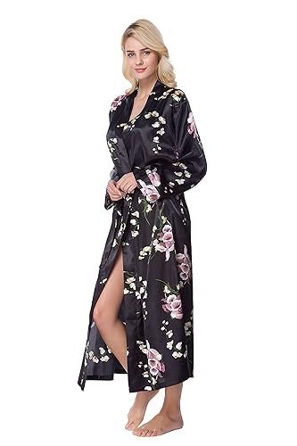 Lavenderi Women's Long Classic Satin Kimono Lounge Bathrobe Robe | Amazon (US)