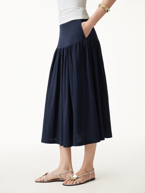 Cotton-Linen Gathered Midi Skirt with Pockets | OGLmove