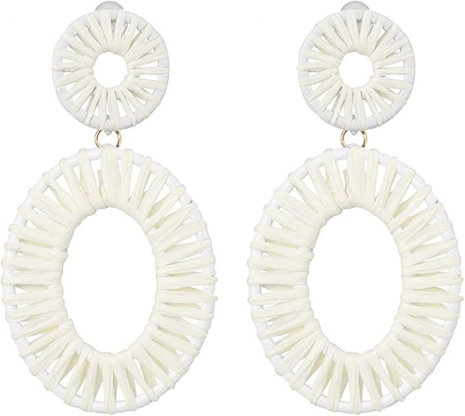Boho Raffia Earrings for Women Girls - Rattan Woven Hoop Drop Dangle Earrings Fashion Bohemian S... | Amazon (US)
