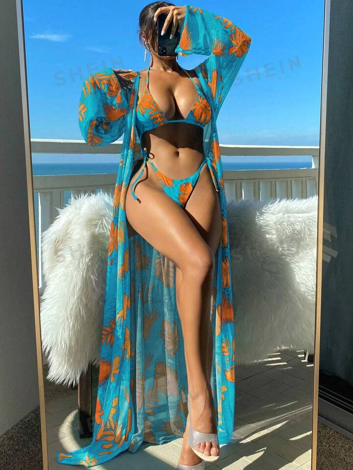 SHEIN Swim Vcay Summer Beach Women's Tropical Plant Print Swimwear With Separated Top And Bottom,... | SHEIN