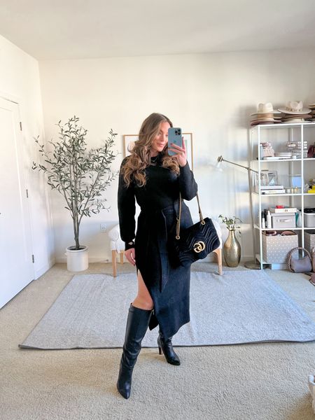 Easy holiday outfit, thanksgiving outfit, all black outfit.
Midi sweater dress is a thick weight- would be super warm! Wearing a size medium
Black tall boots, wide calf!


#LTKHoliday #LTKmidsize #LTKGiftGuide