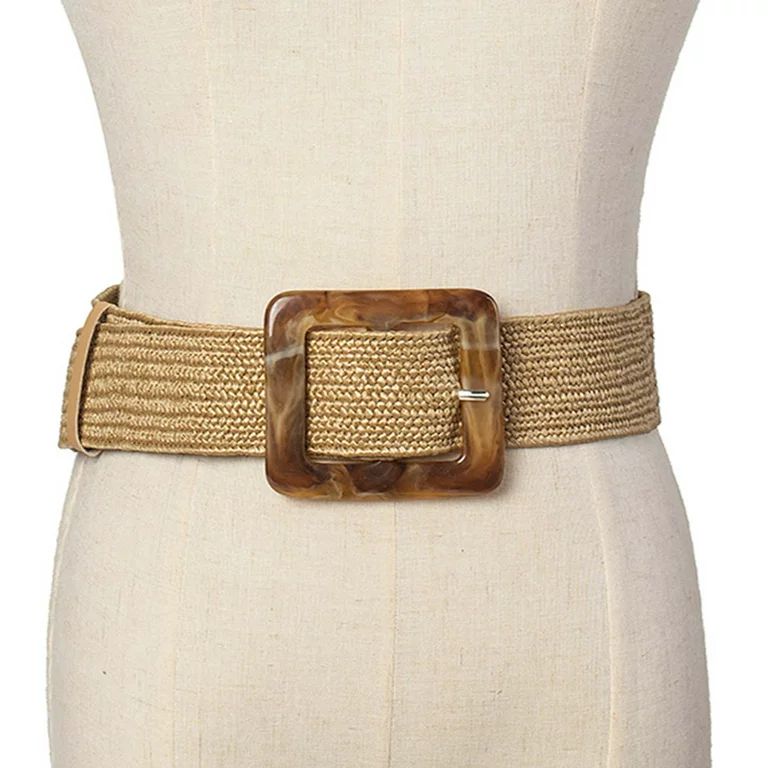 Women Vintage Straw Woven Waist Belt Stylish Casual Wide Braided Stretching Wood Buckle Dress Wai... | Walmart (US)
