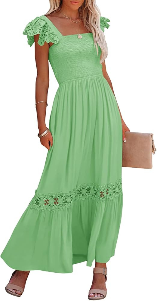 Ferlema Womens Summer Boho Lace Strap Sleeveless Square Neck Ruffle A Line Flowy Beach Long Maxi ... | Amazon (US)