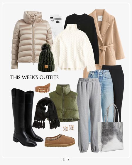 This week’s outfits: a preview of all I’ll be styling the first week in January. View the entire calendar on thesarahstories.com ✨

Metallic puffer jacket, white crew socks,  pom beanie, knit turtleneck sweater, cashmere sweater, camel top coat, knee high rider boots, pom scarf, belt, cropped puffer vest, Ugg slipper, Alo accolade sweats, crop straight jean, ponte legging, metallic tote

#LTKstyletip