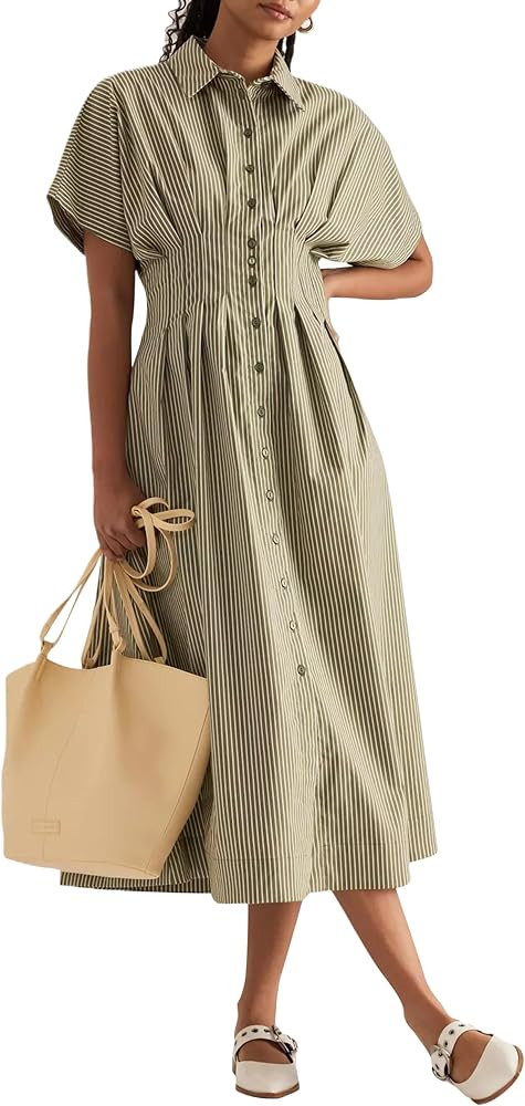 MISSACTIVER Women Button Front Pleated Shirt Dress Summer Striped Short Sleeve Lapel V Neck Corse... | Amazon (US)