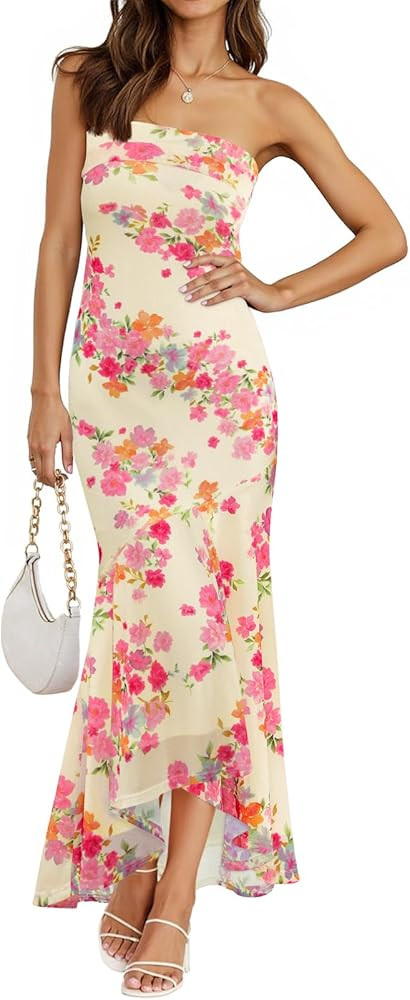 MEROKEETY Women's Summer Strapless Floral Maxi Dress 2026 Bodycon Mesh Wedding Guest Cocktail Par... | Amazon (US)