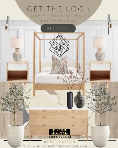 Spring bed room design inspiration. Recreate this look with these home furniture and decor. Wood dresser, wood night stand, wood bed canopy frame, black ceramic vases, faux fake cherry blossom stem, white ceramic tree planter pot, faux fake olive tree, wood floor tile, table lamp, wall sconce light, bed room chandelier, bed room rug. 

#LTKstyletip #LTKhome #LTKFind