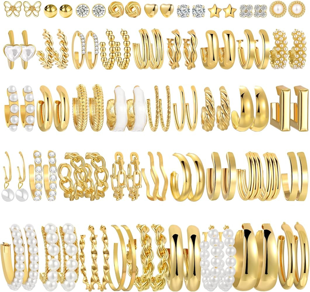 42 Pairs Gold Hoop Earrings Set for Women, Fashion Chunky Pearl Earrings Multipack Twisted Statem... | Amazon (US)