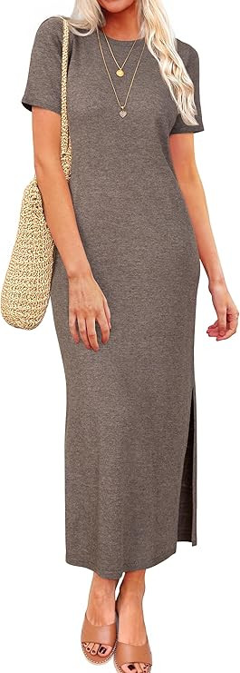 Arach&Cloz Womens Summer Casual Short Sleeve Crew Neck Wool Blend T Shirt Split Maxi Long Dress 2... | Amazon (US)