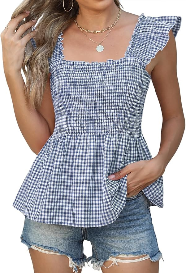 LOMON Womens Tank Tops Fashion Summer Ruffle Flying Sleeve Smocked Blouses Square Neck Sleeveless... | Amazon (US)