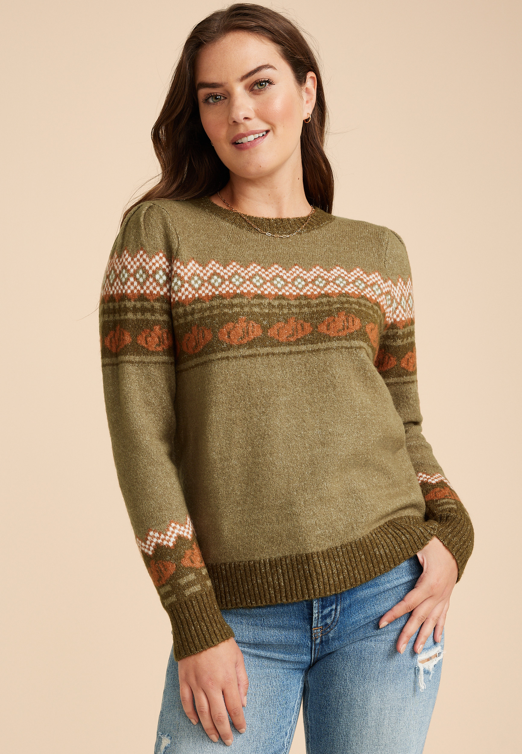 Maurices Women's Fair Isle Pumpkin Sweater Green Size Medium | Maurices