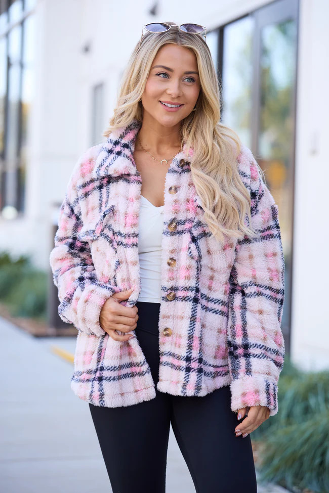 Didi Pink Plaid Sherpa Button Up Shacket | Pink Lily