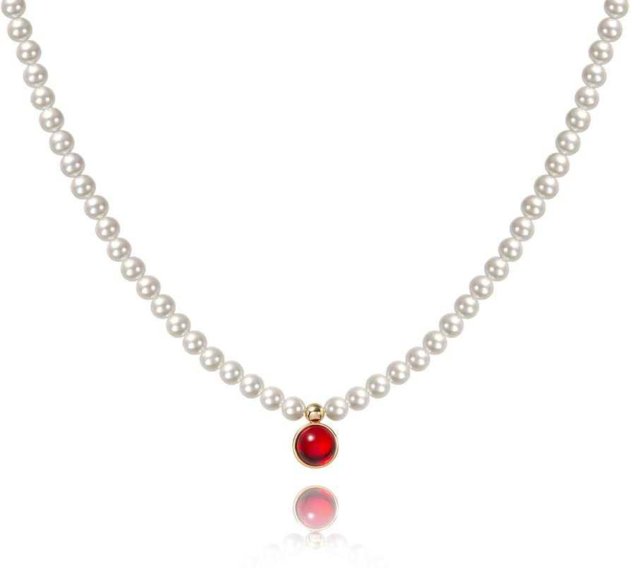 16" Pearl Choker Necklace Crystal Jewelry, Pearl Strand Necklaces with January Birthstone Pendant... | Amazon (US)