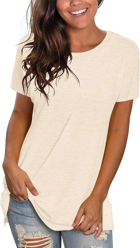 WNEEDU Womens T Shirts Short Sleeve Crewneck Loose Summer Tees Basic Tops | Amazon (US)